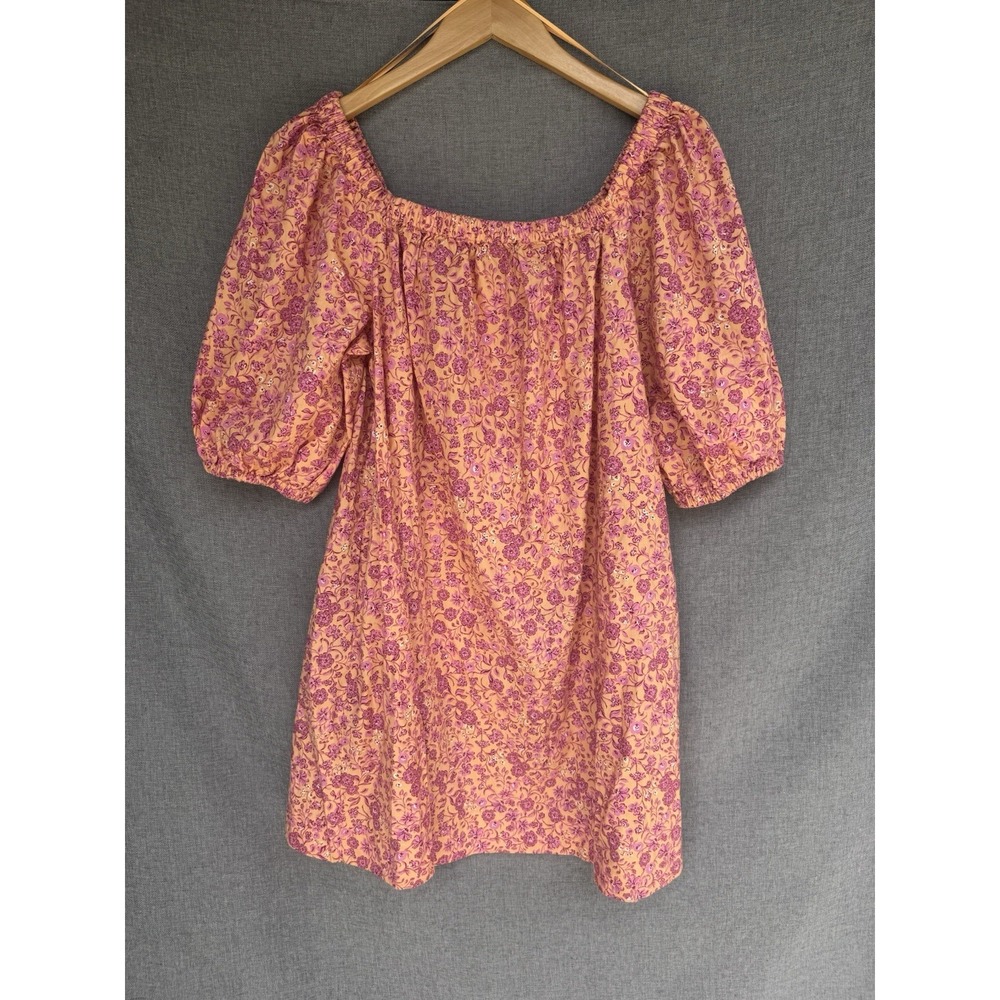 NWT Sz M Old Navy Floral Smocked Puff Sleeve Mini Dress Orange Pink Pockets